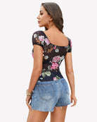Floral sheer mesh top, square neck, short puff sleeves, elastic hem