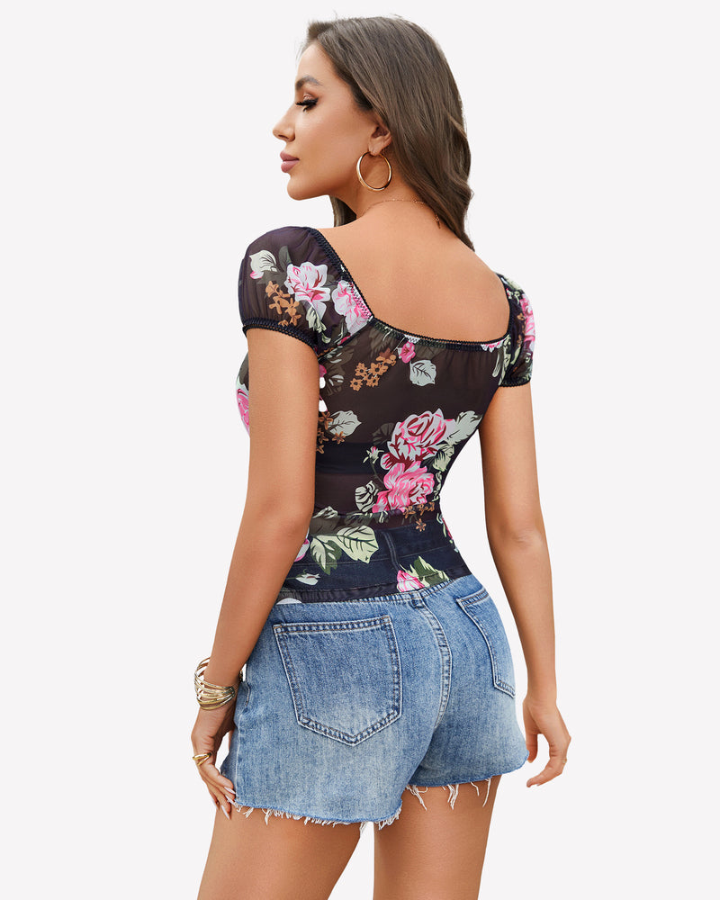 Floral sheer mesh top, square neck, short puff sleeves, elastic hem