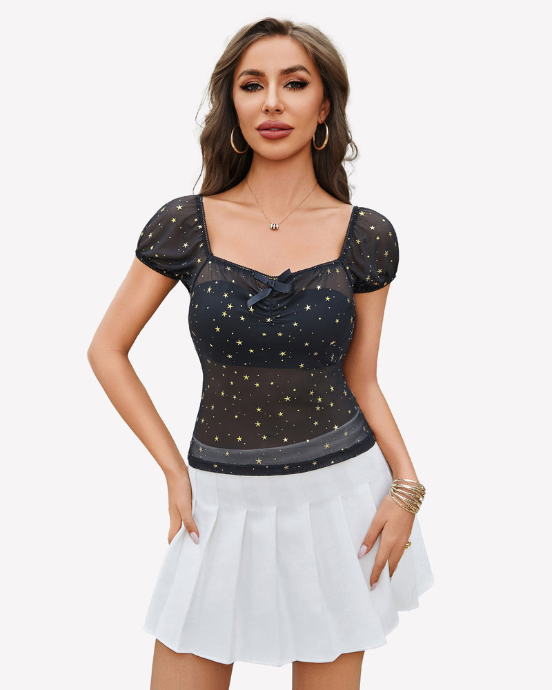 Star-print sheer mesh top, sweetheart neckline, short puff sleeves, ruched center