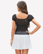 Star-print sheer mesh top, square back, short puff sleeves, elastic waistband