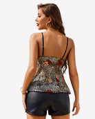 Leopard print ruffle cami tank blouse, back view with thin adjustable straps