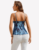 Ruffle cami top with blue tie-dye print, spaghetti straps, open-back style