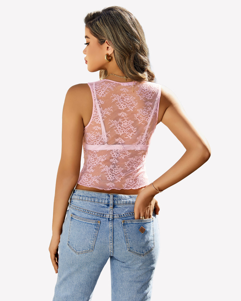 Pink lace tank top back view, sheer floral mesh and racerback straps.