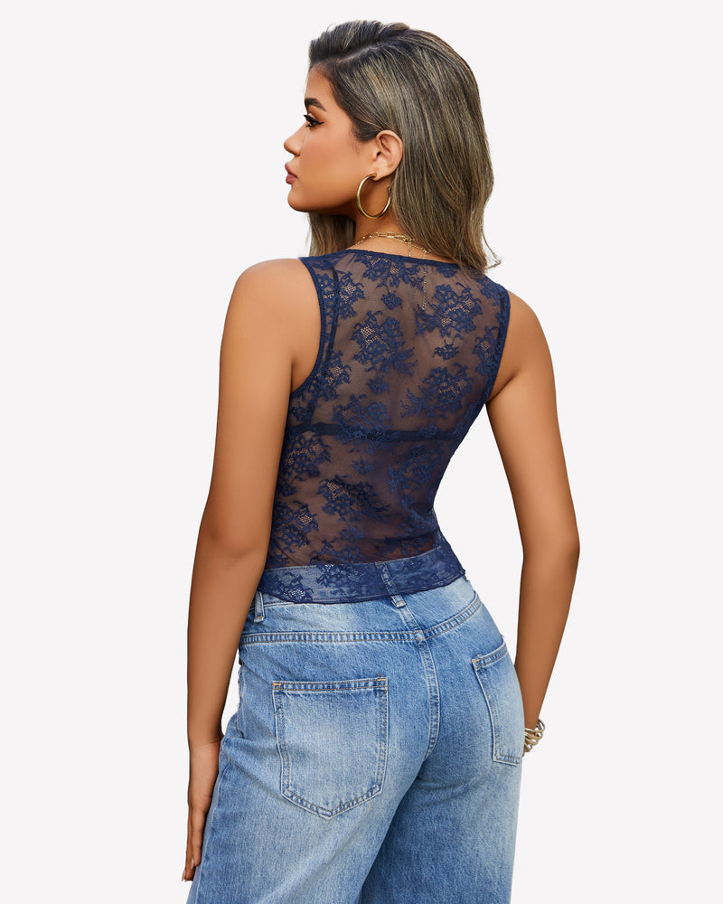 Navy lace tank top back view, sheer floral mesh and racerback straps.