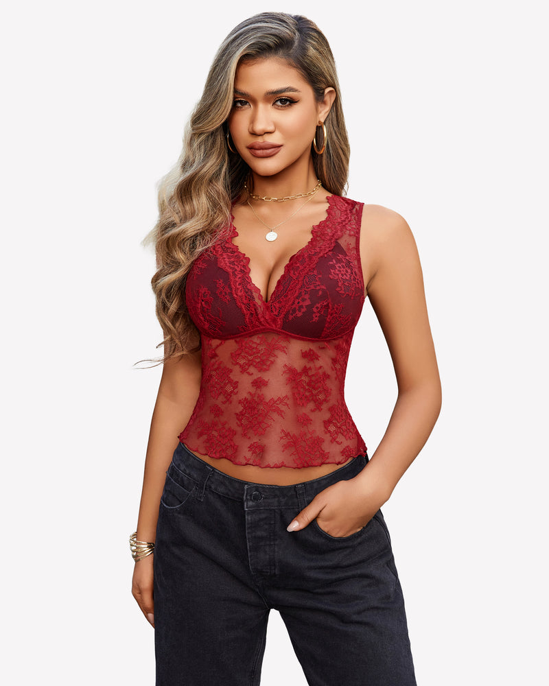 Wine red lace tank top with deep V-neck, scalloped trim and sheer floral overlay.