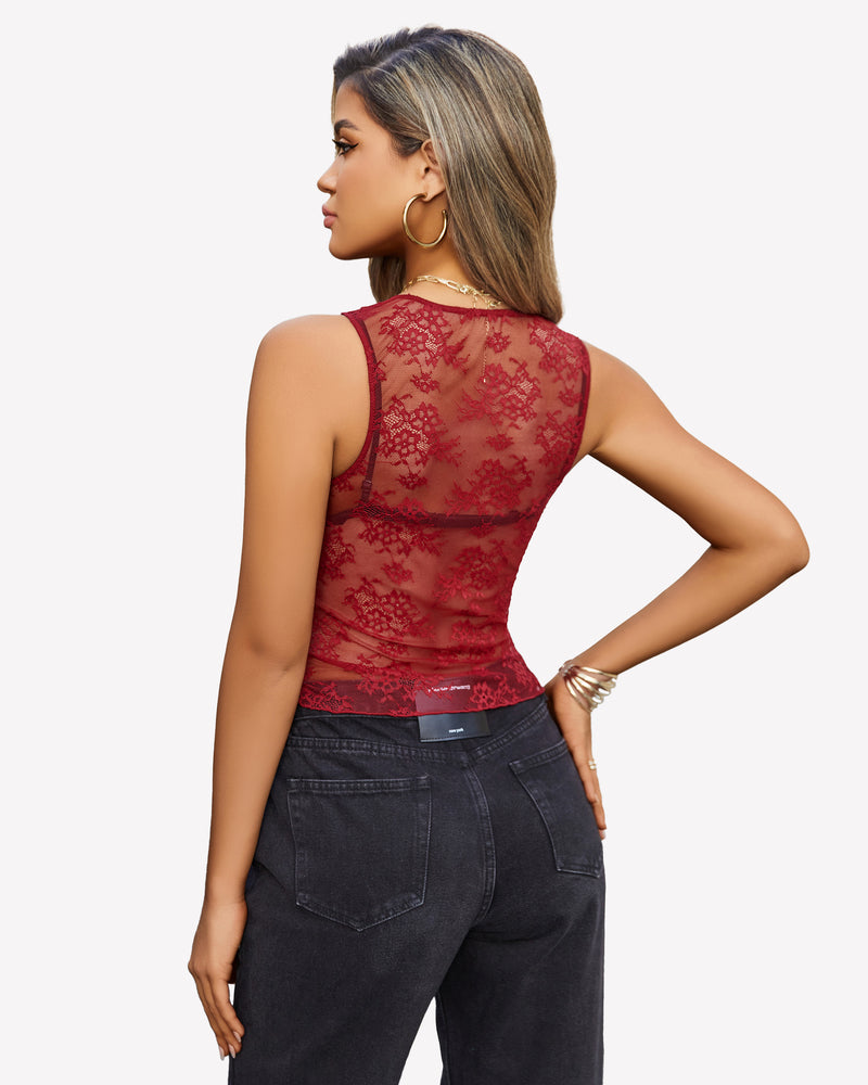 Wine red lace tank top back view, sheer floral mesh and racerback straps.