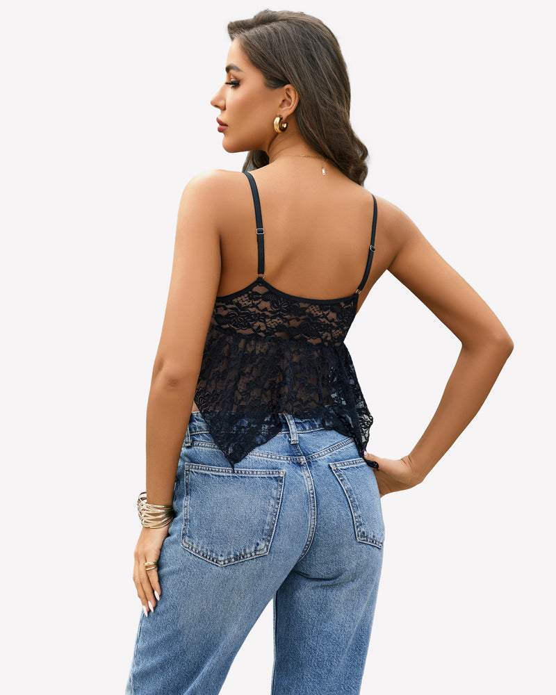 Dark lace V-neck bralette crop top back view with two thin shoulder straps