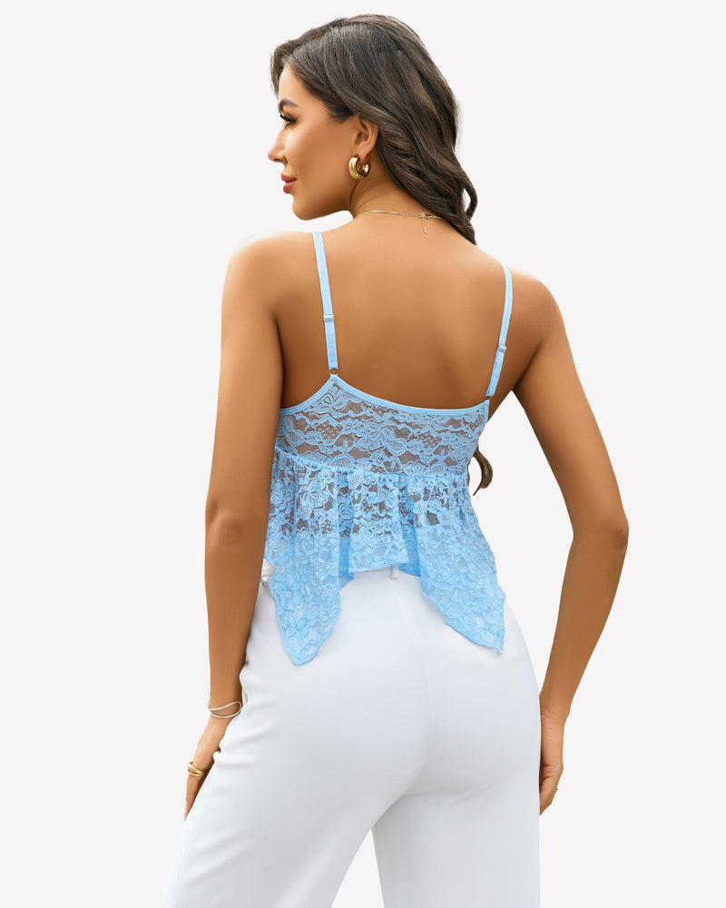 Light blue lace V-neck bralette crop top back view with two thin shoulder straps