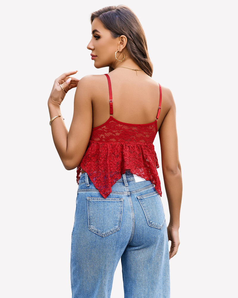 Dark red lace bralette crop top with lace back and adjustable spaghetti straps