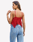 Dark red lace bralette crop top with lace back and adjustable spaghetti straps