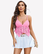Pink lace bralette crop top with V-neck and ruffle hem, adjustable spaghetti straps
