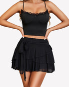 Black multi-layer ruffle trim mini skirt with bow tie at the waist