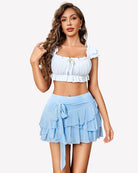 Light blue tiered ruffle short skirt with bow at waist and flouncy layers