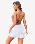 White tiered ruffle short skirt, layered hem with back waist tie strings