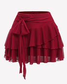 Wine red multi-layer ruffle mini skirt with bow-tied waist and sheer tiered hem