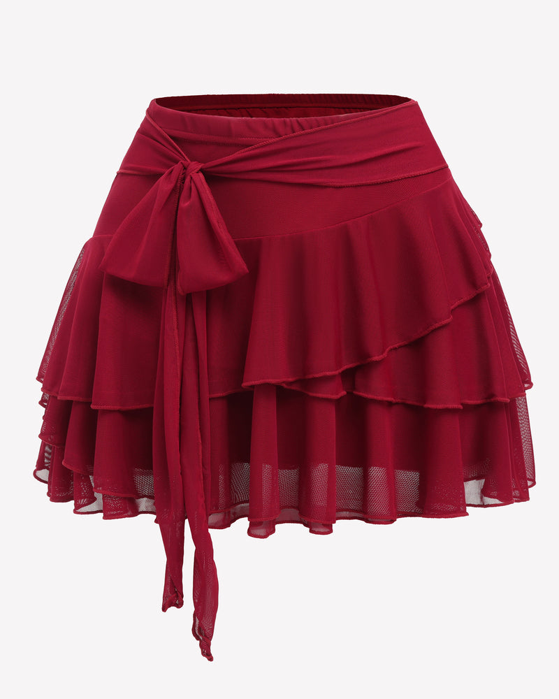 Wine red multi-layer ruffle mini skirt with bow-tied waist and sheer tiered hem