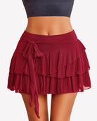 Wine red multi-layer ruffle trim mini skirt with bow tie at the waist