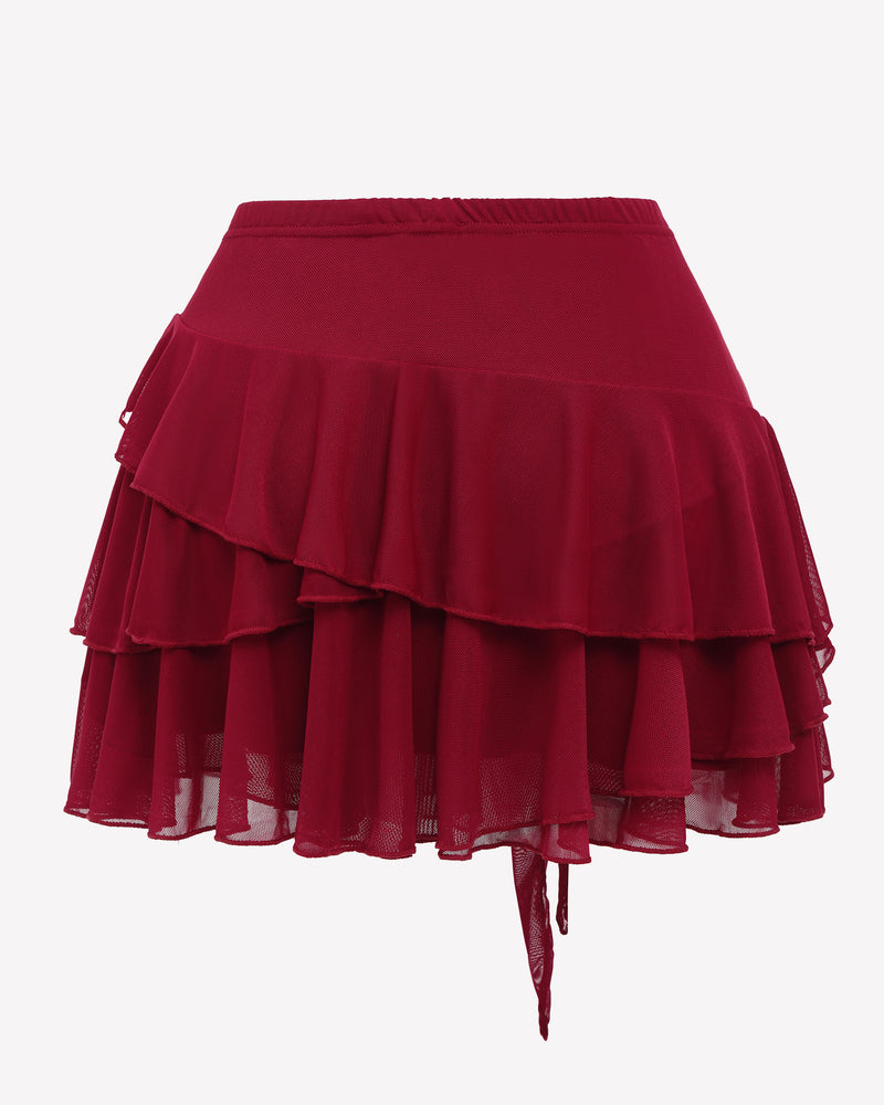 Wine red tiered ruffle mini skirt with bow-tie waist and layered mesh bottom