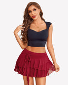 Wine red multi-layer ruffle mini skirt with bow-tie waist and tiered hem