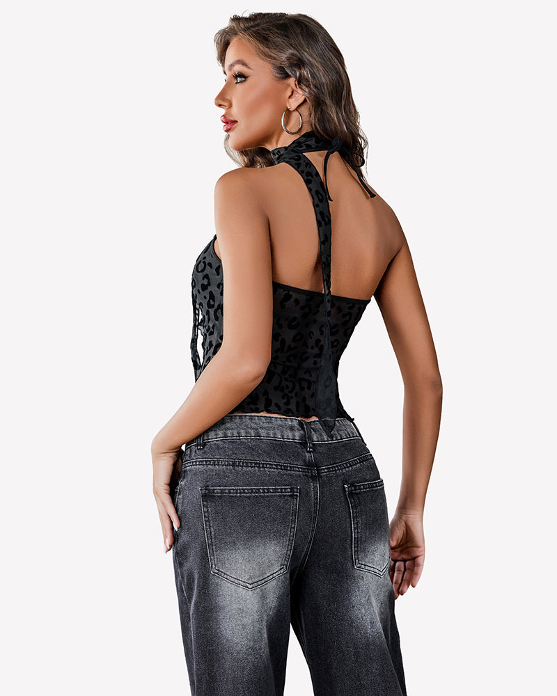 Black leopard mesh halter crop top, open back with tie straps and ruffled trim