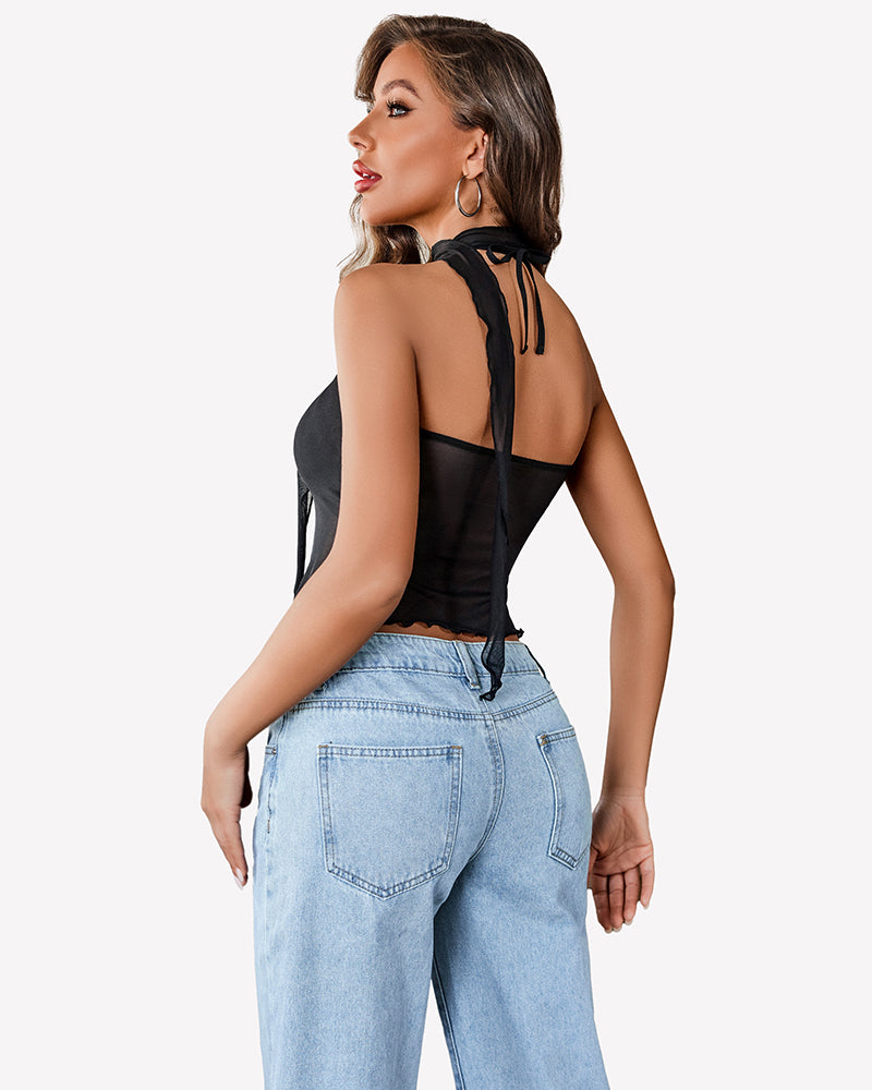 Black mesh halter crop top back view with open neckline and tie strap detail