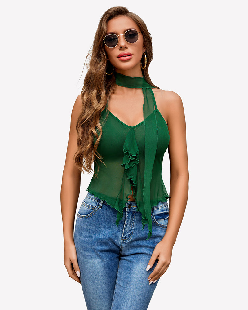 Green mesh halter crop top with ruffled front detail and layered sheer look