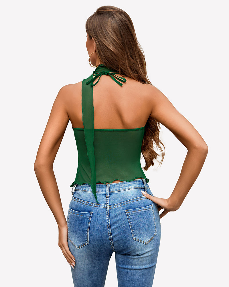 Green mesh halter crop top back view with tied neck and open back