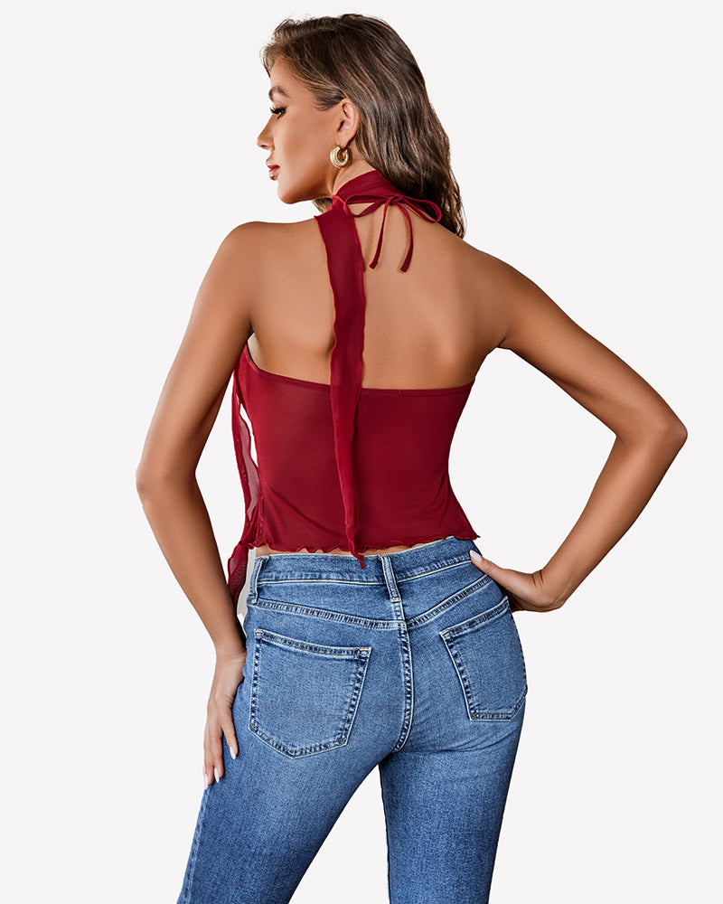 Wine red mesh crop tank with lace-up halter back and cutout front