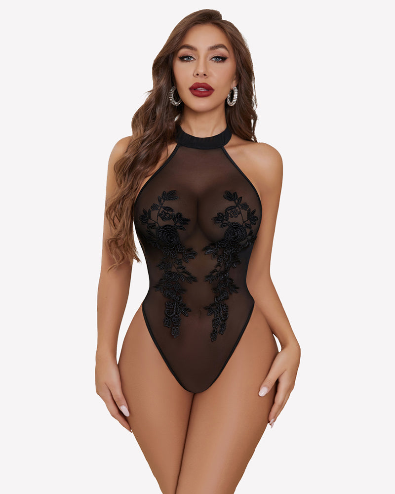 Black sheer mesh bodysuit with halter neck and floral embroidered front