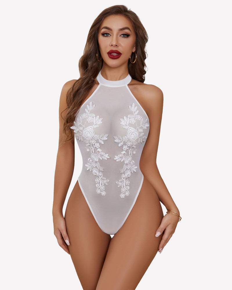 White sheer mesh bodysuit with high neck and floral embroidered appliques