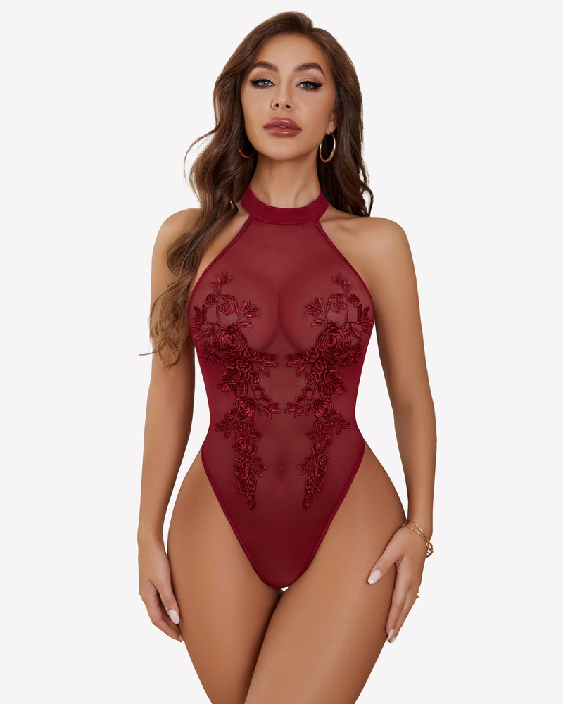 Wine red sheer mesh bodysuit with halter neck and floral embroidered front