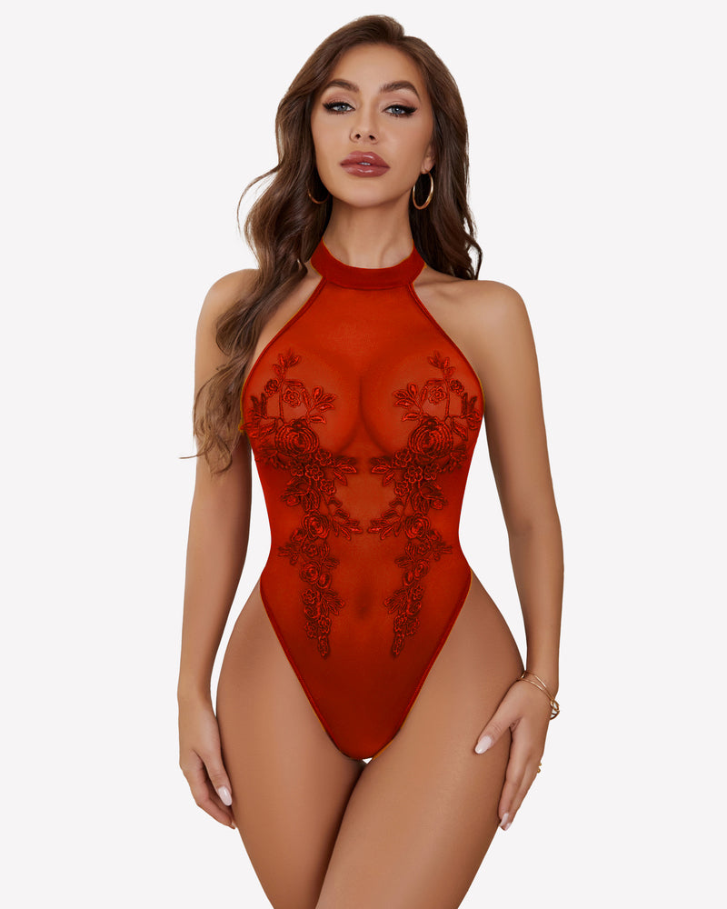 Red sheer mesh bodysuit with high halter neckline and dark floral embroidery