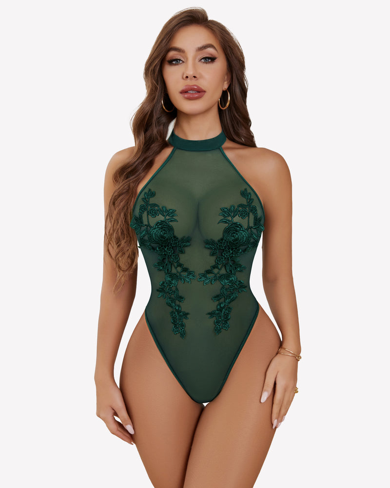 Dark green sheer mesh bodysuit with high neckline and floral lace embroidery