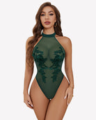 Dark green sheer mesh bodysuit with high neckline and floral lace embroidery