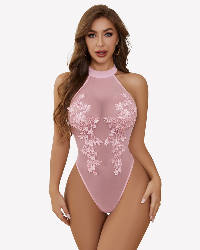 Pink sheer mesh bodysuit with high neck and floral embroidered appliques