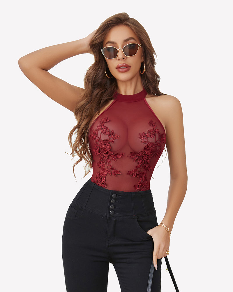 Wine red sheer mesh halter bodysuit with floral embroidered appliques
