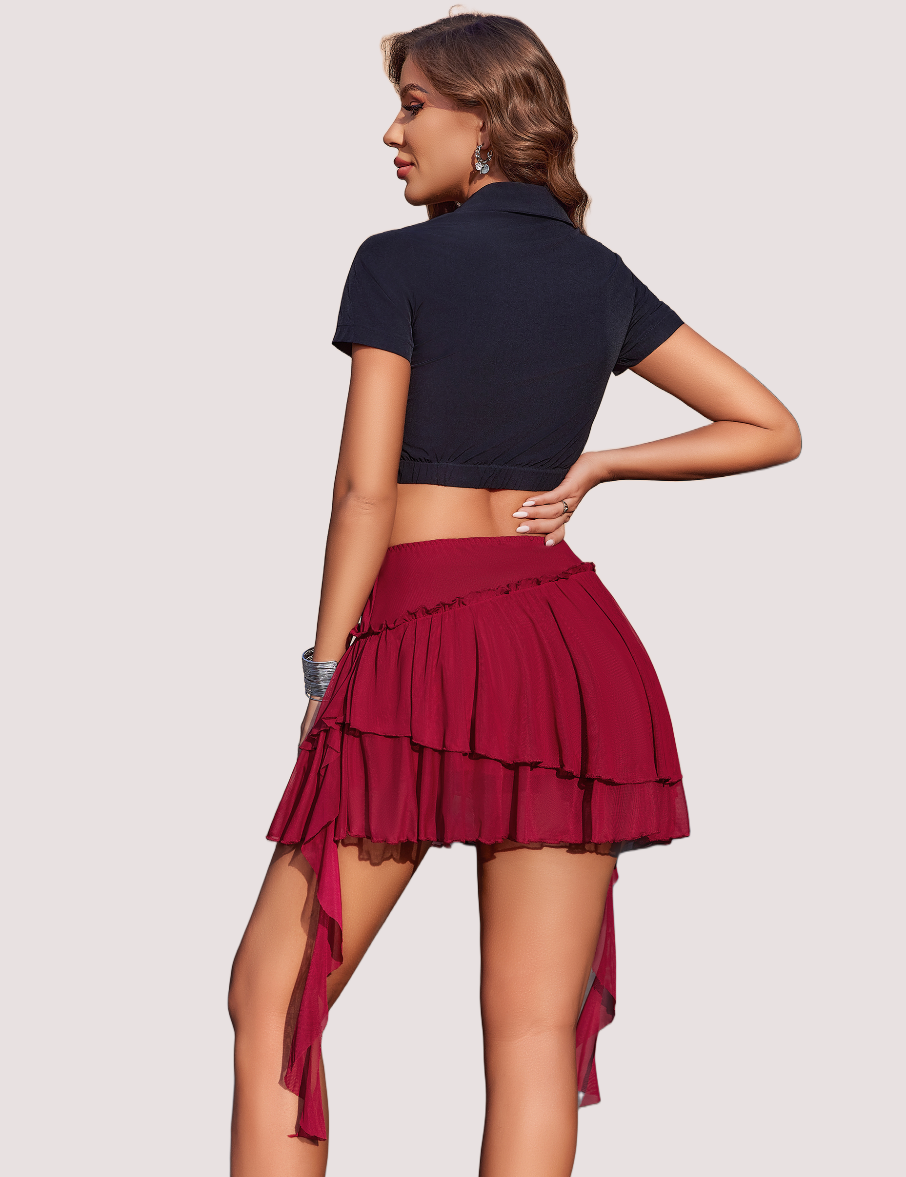 Wine red layered ruffled mesh skirt with pleated tiers and dangling sheer panels