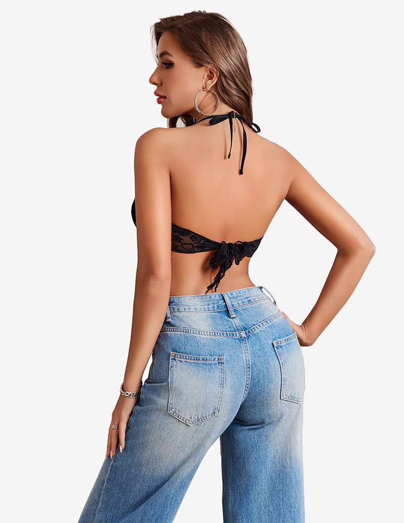 Black lace halter crop cami tank, tie-back detail and open back