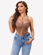 Brown lace crop halter cami tank with V-neck and scalloped hem