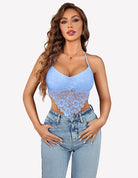 Light blue lace halter crop cami tank with V-neck and scalloped hem