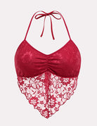 Wine red lace halter crop cami tank with V-neck and tie straps