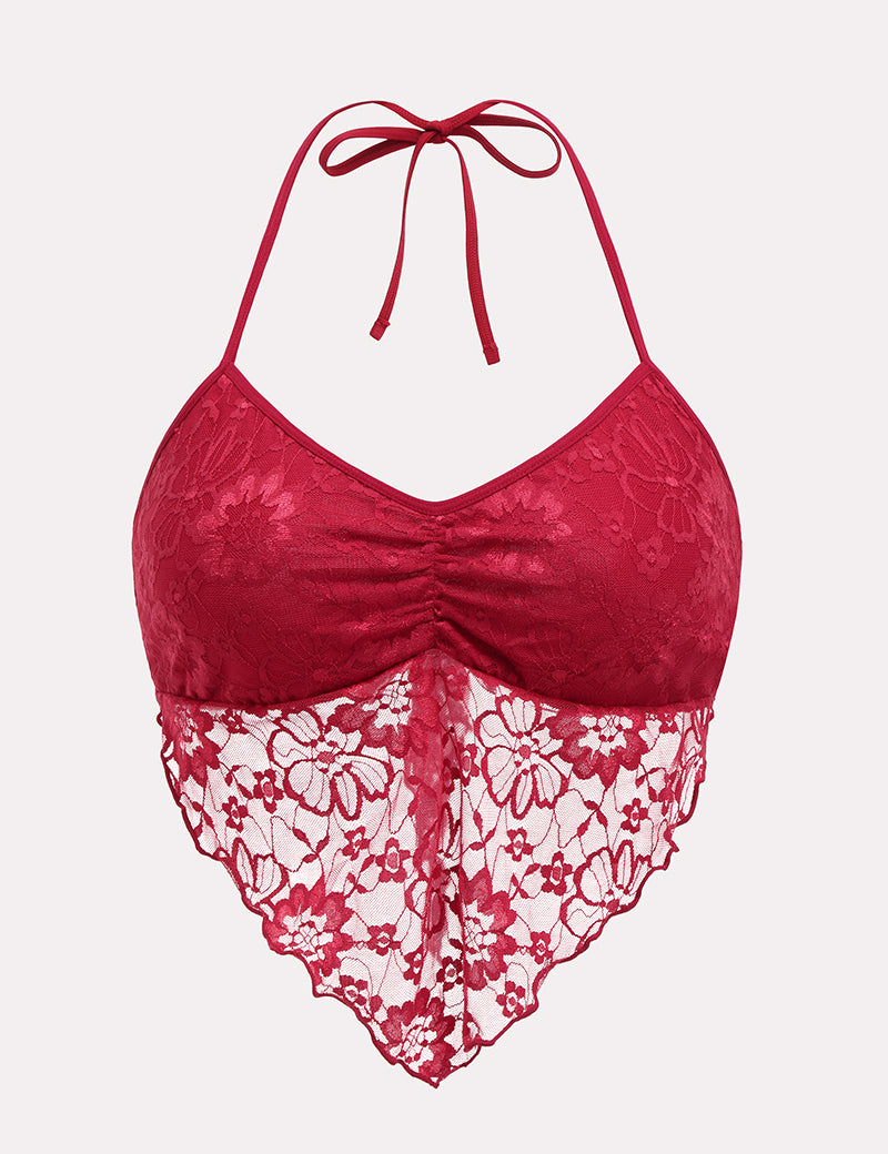 Wine red lace halter crop cami tank with V-neck and tie straps