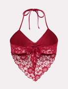 Red lace halter crop cami tank with V-neck and bow detail at bust