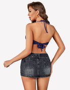 Navy blue lace crop halter cami tank back with tie straps and scalloped hem