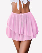 Pink pleated mini skirt with tiered ruffle layers and bow waist