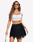 Black mesh drawstring bow skort with draped tiered ruffle mini skirt