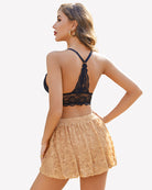 Pleated bubble skirt in beige lace with short flared silhouette