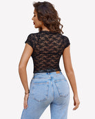 Black sheer lace short-sleeve top, lace back with scalloped neckline edge