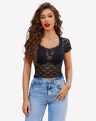 Black sheer lace short-sleeve top with bow at neckline and scalloped trim
