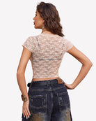 Champagne sheer lace short-sleeve top, lace back view with scalloped trim